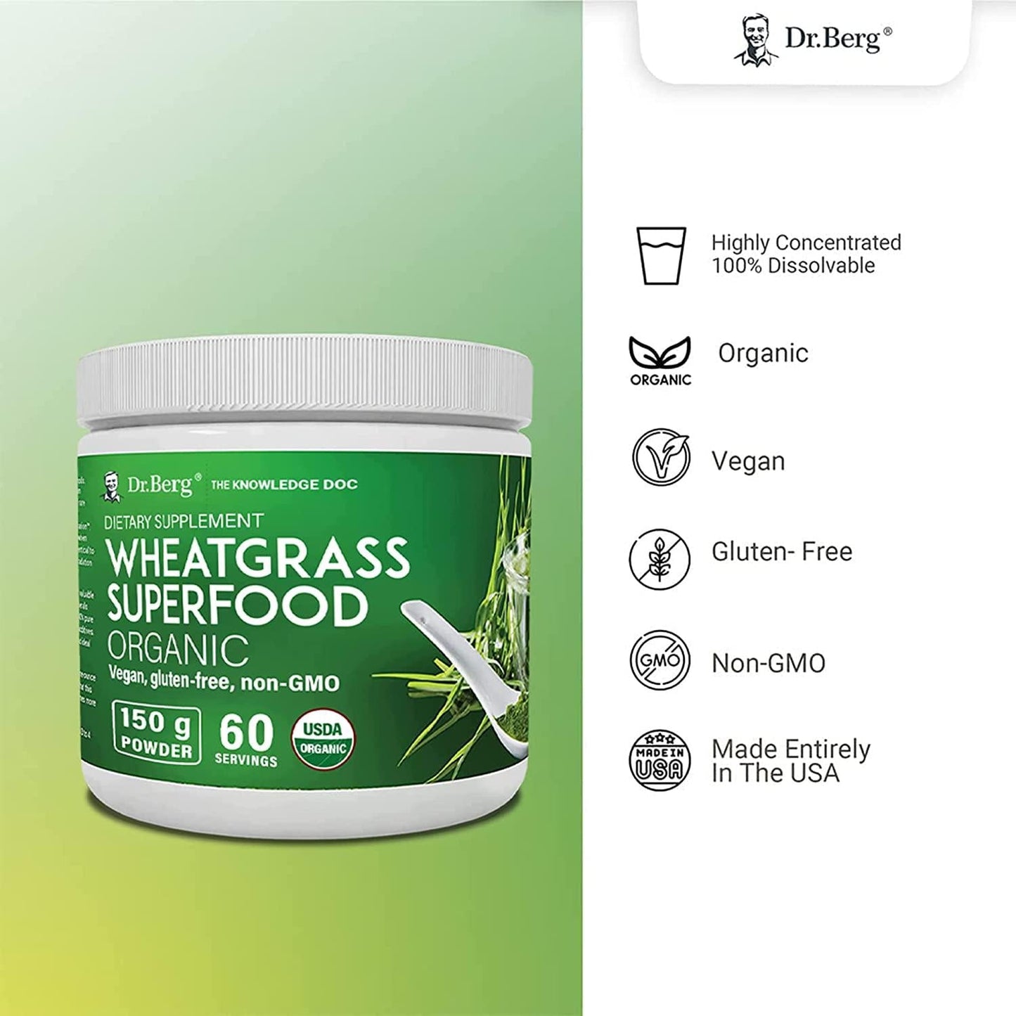 Dr. Berg's Wheat Grass Superfood Powder - Raw Juice Organic Ultra-Concentrated Rich in Vitamins and Nutrients - Chlorophyll and Trace Minerals - 60 Servings - Gluten-Free Non-GMO - 5.3 oz (1 Pack)