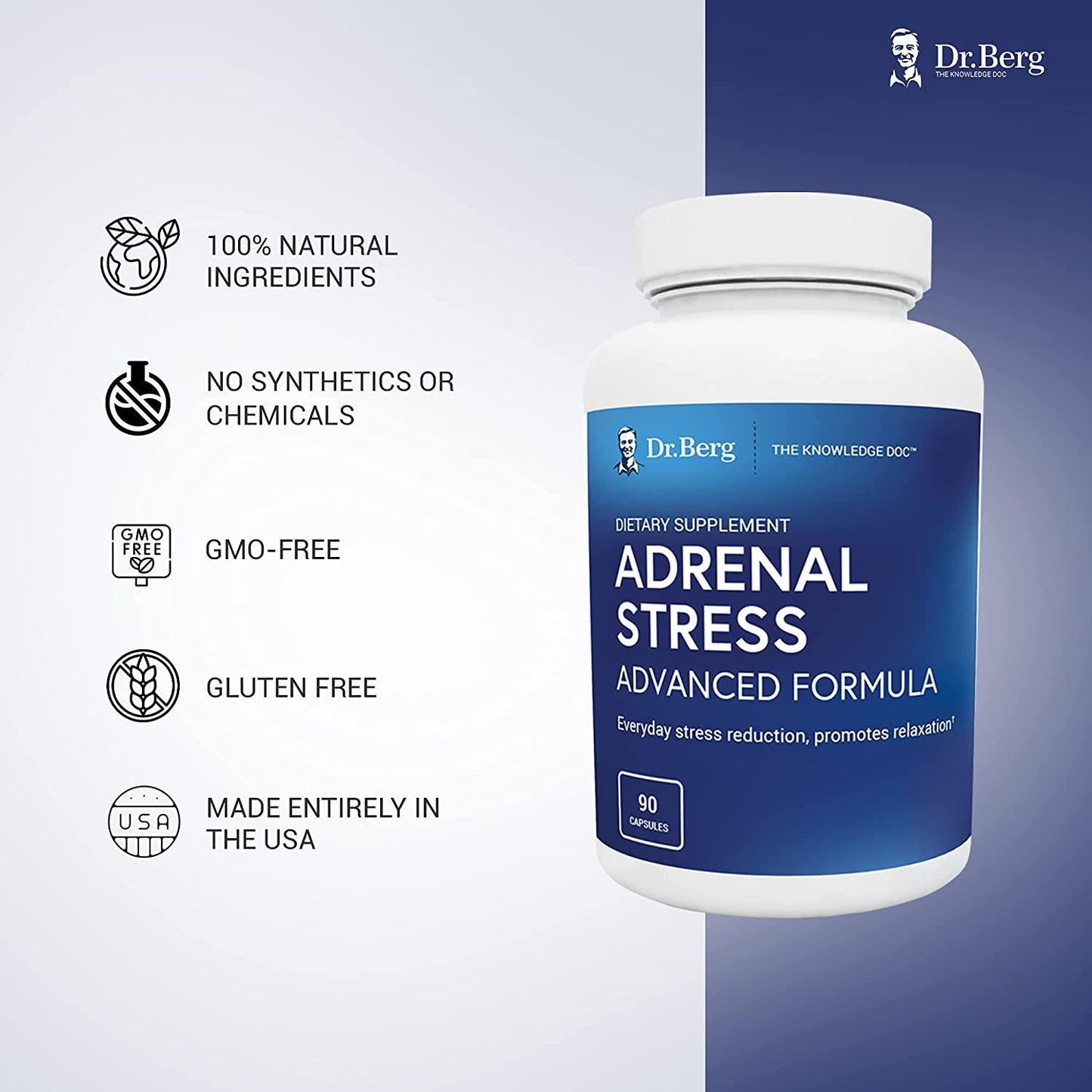 Dr. Berg’s Adrenal Stress Advanced Formula - Reduce Stress and Anxiety Relief Supplement - Mood Support, More Focus, Feel Relaxed - Cortisol Manager w/ Ashwagandha Extract - 90 Capsules