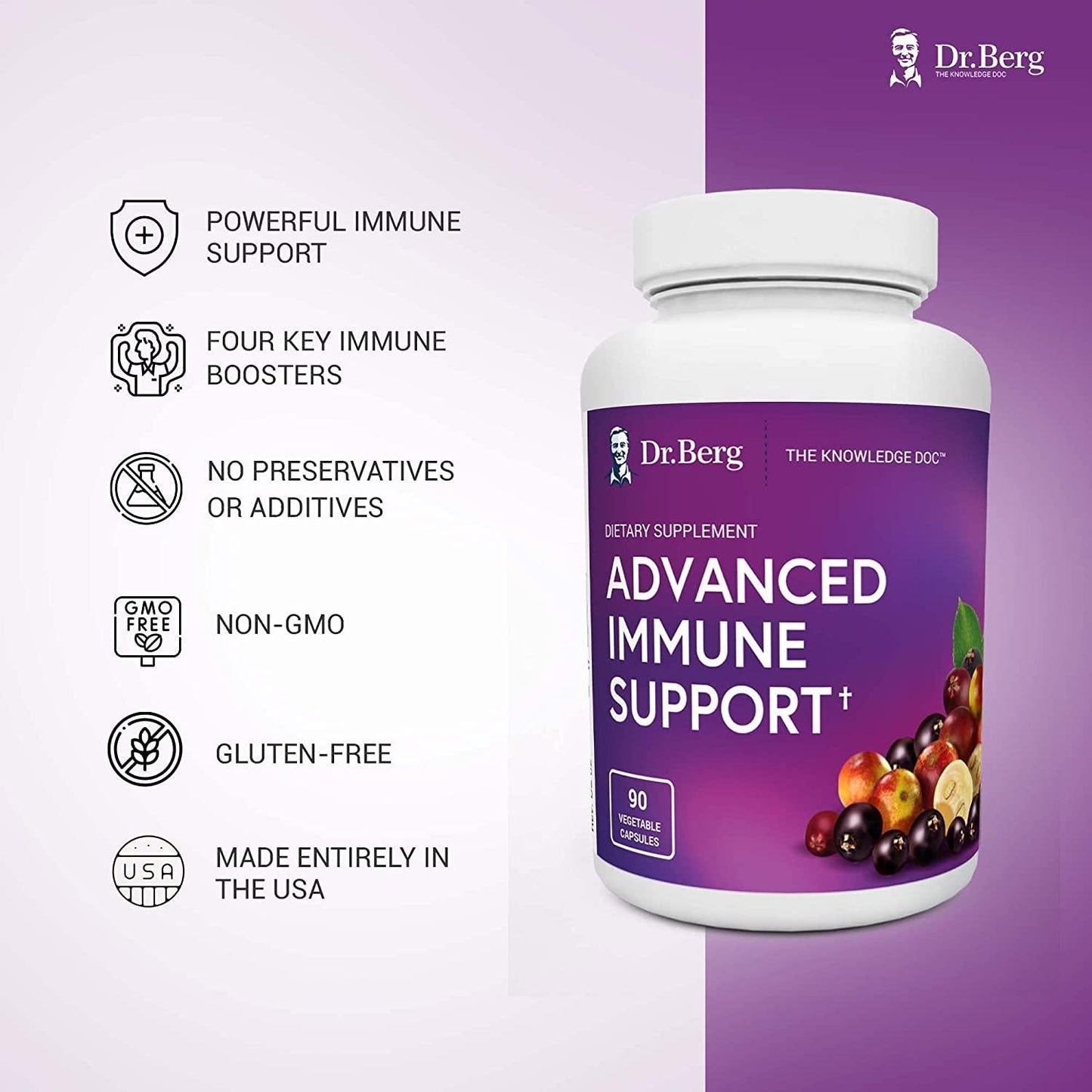 Dr. Berg's Advanced Immune Support - Daily Immunity Multi-System Defense Supplement with Vitamins C, D, Zinc, and Elderberry, 90 Vegetarian Capsules