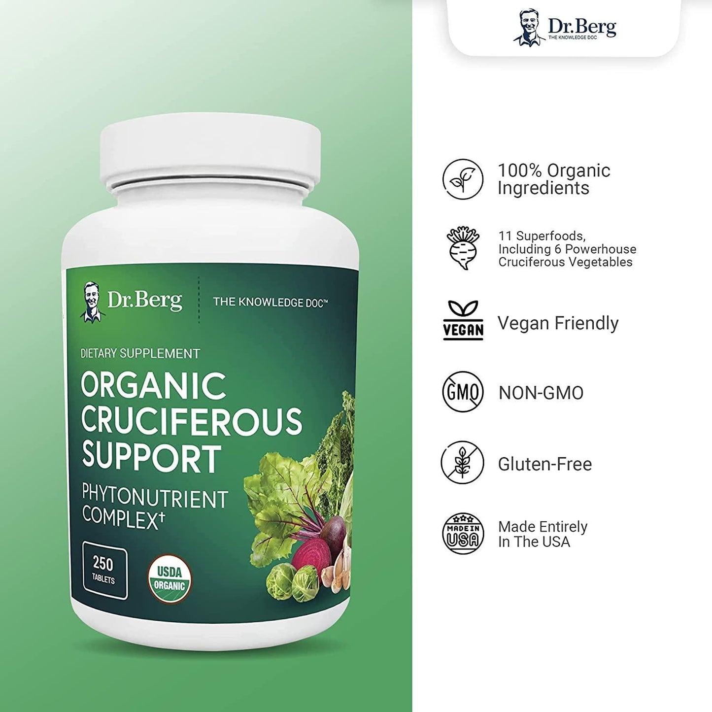 Dr. Berg's Cruciferous Superfood - Whole Food Vegetable Supplement w/ Organic Freeze-Dried Phytonutrient and Antioxidants Blend - Boost Energy, Support Immune System and Liver Detox - 250 Veggie Capsules