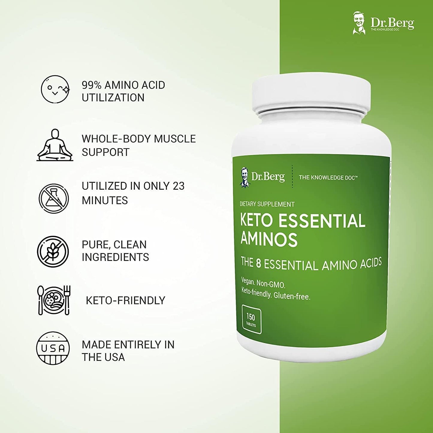Dr. Berg's Keto Essential Aminos - Contains 8 Essentials Amino Acids -Keto Friendly and Rich in Protein Vegan Tablets - Workout and Muscle Recovery Energy Supplements - Support Healthy Hormones -150 Tabs