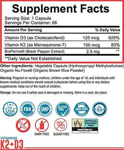 Dr. Boz Vitamin K2 (MK-7) + D3 Capsules with BioperineÂ for Best Absorption | Vitamin D Supplement | Vitamin K Supplement | Vitamin K2 D3 Supplement [Bone Health | Heart Health]- 66 Count