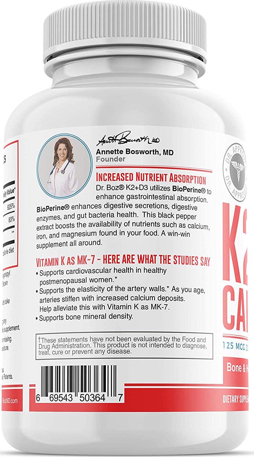 Dr. Boz Vitamin K2 (MK-7) + D3 Capsules with BioperineÂ for Best Absorption | Vitamin D Supplement | Vitamin K Supplement | Vitamin K2 D3 Supplement [Bone Health | Heart Health]- 66 Count