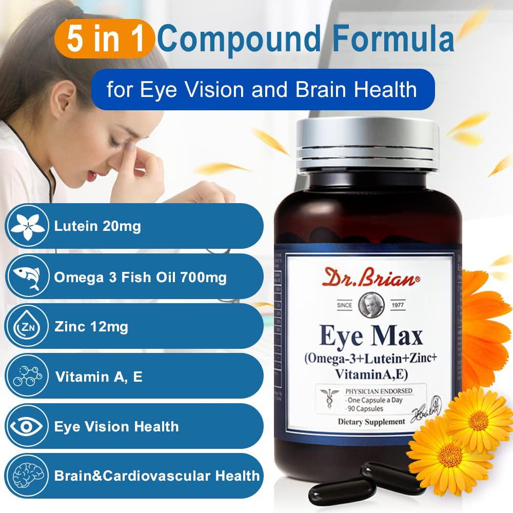 Dr.Brian Eye Vitamins Supplements Contains Lutein 20mg, Omega 3 Fish Oil 700mg, Vitamin A, E, Zinc for Eye Vision Brain Health Care Eye Macular Degeneration Supplements Dry Eyes Adults 90 Capsules