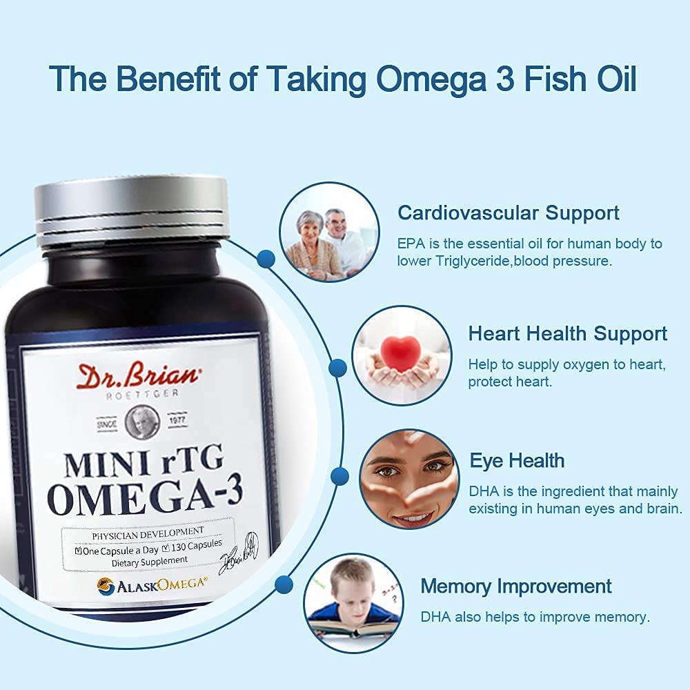 Dr.Brian Fish Oil Supplement 130ct rTG Mini Omega 3 Fish Oil 500mg Capsule for Women Men EPA,DHA,Fatty Acids Vitamin E,D Support Heart Cardiovascular Brain Health Triglyceride Lowering No Fishy Smell