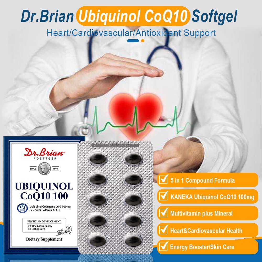 Dr.Brian ROETTGER Ubiquinol CoQ10 100,30 Capsules, Ubiquinol Coenzyme Q10, Vitamin A, C, E, Supplement for Helping Anti-oxidant Activity, Blood Pressure. Vision Adaptation in Dark. Absorption of Iron