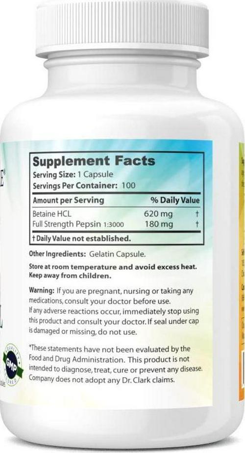Dr. Clark Betaine HCL Supplement with Pepsin, 800mg, 100 capsules