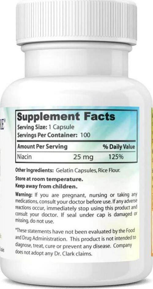 Dr. Clark Niacin (Vitamin B3) Supplement, 25mg, 100 Capsules