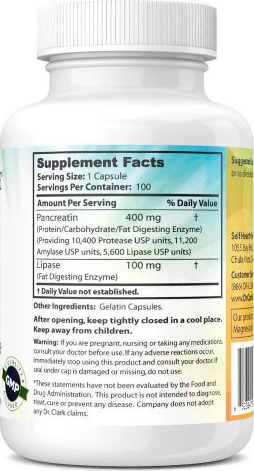 Dr. Clark Pancreatin and Lipase Enzyme Supplement, 500mg, 100 Capsules