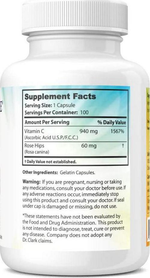 Dr. Clark Vitamin C with Rose Hips Supplement, 1000mg, 100 Capsules