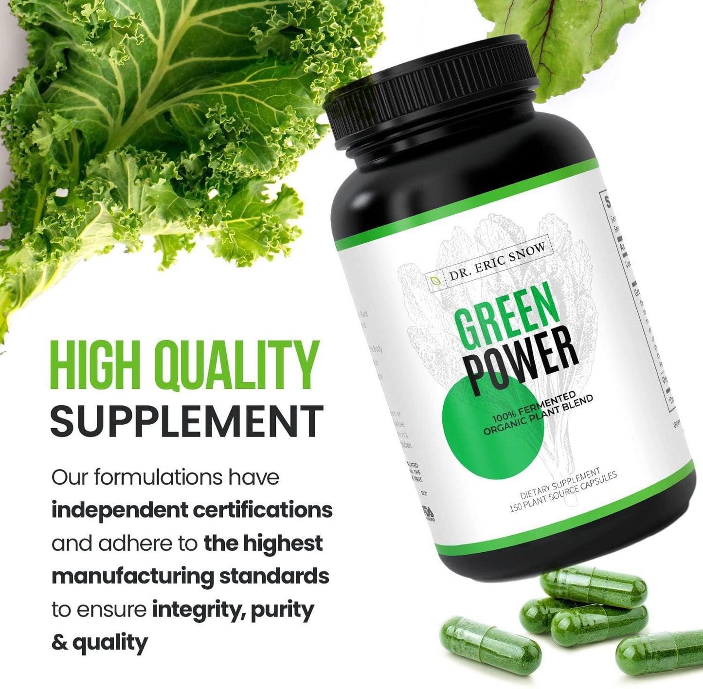 Dr. Eric Snow Green Power Dietary Supplement, Highly Absorbent Organic Green Superfood Capsules, 150 Capsules