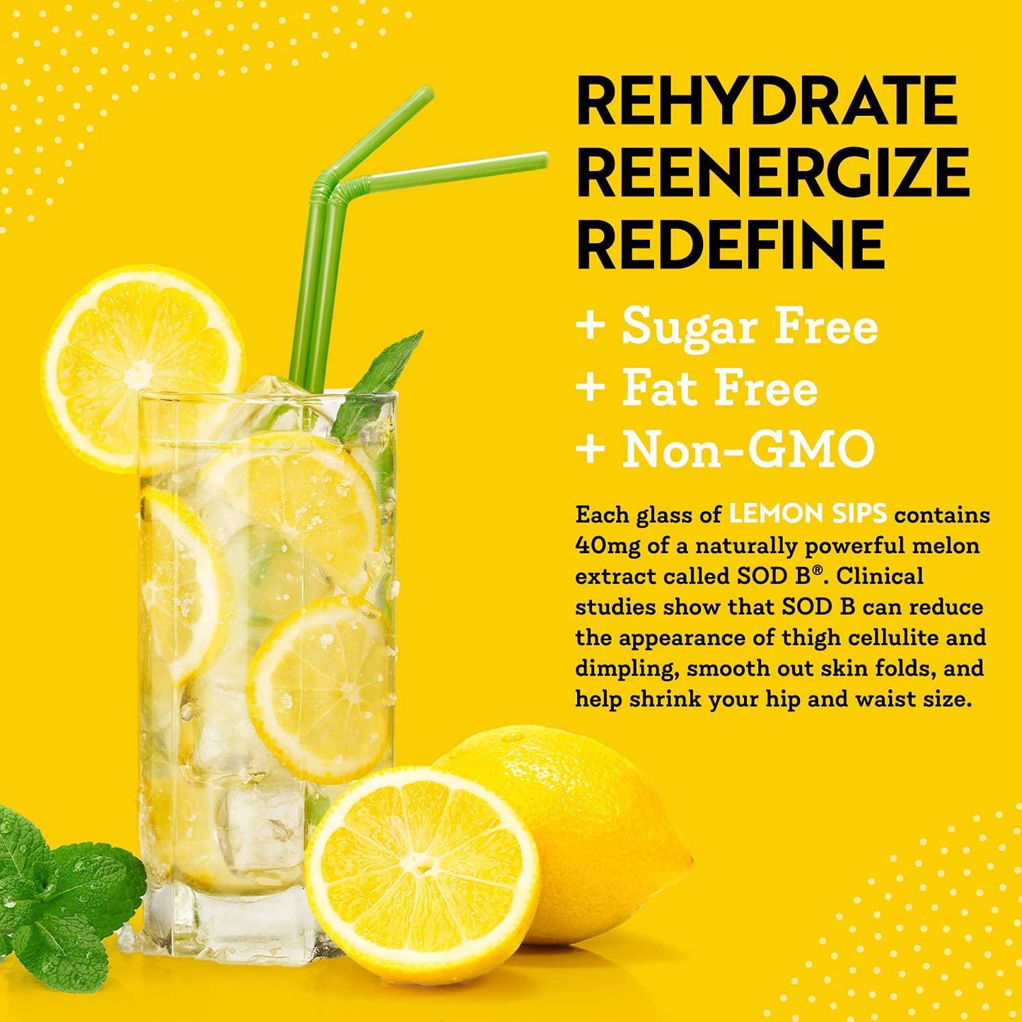 Dr. Kellyann s Lemon Sips - Rehydrate, Detox, Energize - Sugar-free, Fat-free, Non-GMO diet citrus drink mix that helps reduce cellulite, hydrate and firm sagging skin, and protect from UV damage