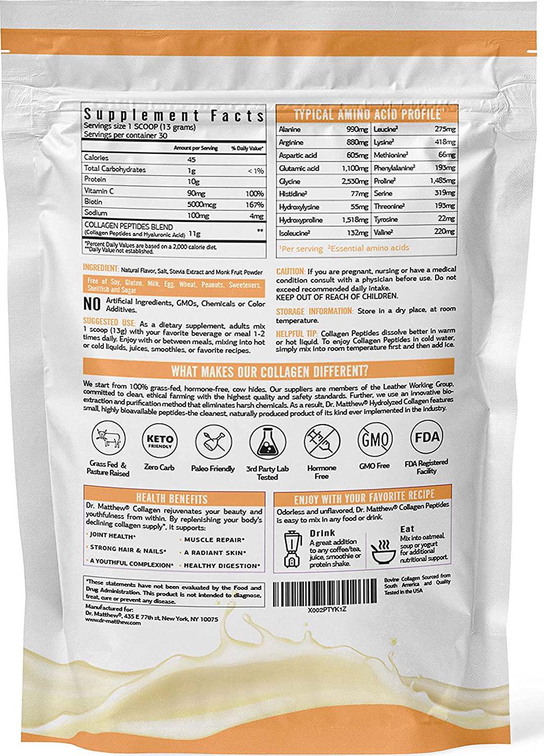 Dr. Matthew Collagen Peptides Vanilla Powder with Biotin, Vitamin C and Hyaluronic Acid