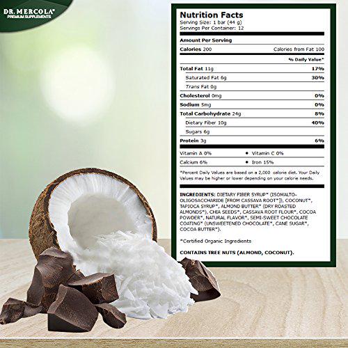 Dr. Mercola, Organic Cocoa Cassava with Coconut and Chia Seeds, 1 Box (12 Bars), Chocolate-Coated Gourmet Snack Bar, Non GMO, Soy Free, Gluten Free, USDA Organic