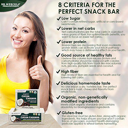Dr. Mercola, Organic Cocoa Cassava with Coconut and Chia Seeds, 1 Box (12 Bars), Chocolate-Coated Gourmet Snack Bar, Non GMO, Soy Free, Gluten Free, USDA Organic