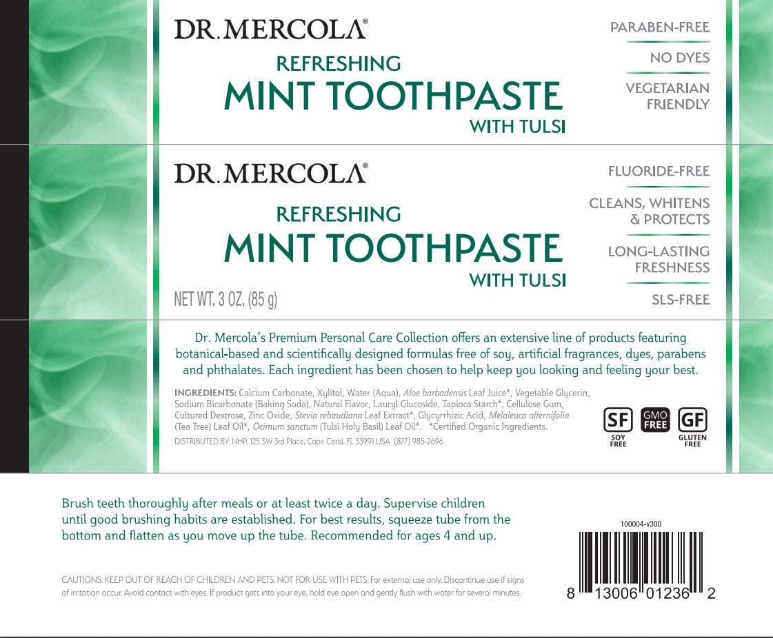Dr. Mercola, Refreshing Mint Toothpaste with Tulsi, 3 oz (85 g), Fluoride-Free, SLS Free, Paraben Free, No Dyes, Vegetarian Friendly, No Harsh Chemicals, Non GMO, Soy Free, Gluten Free