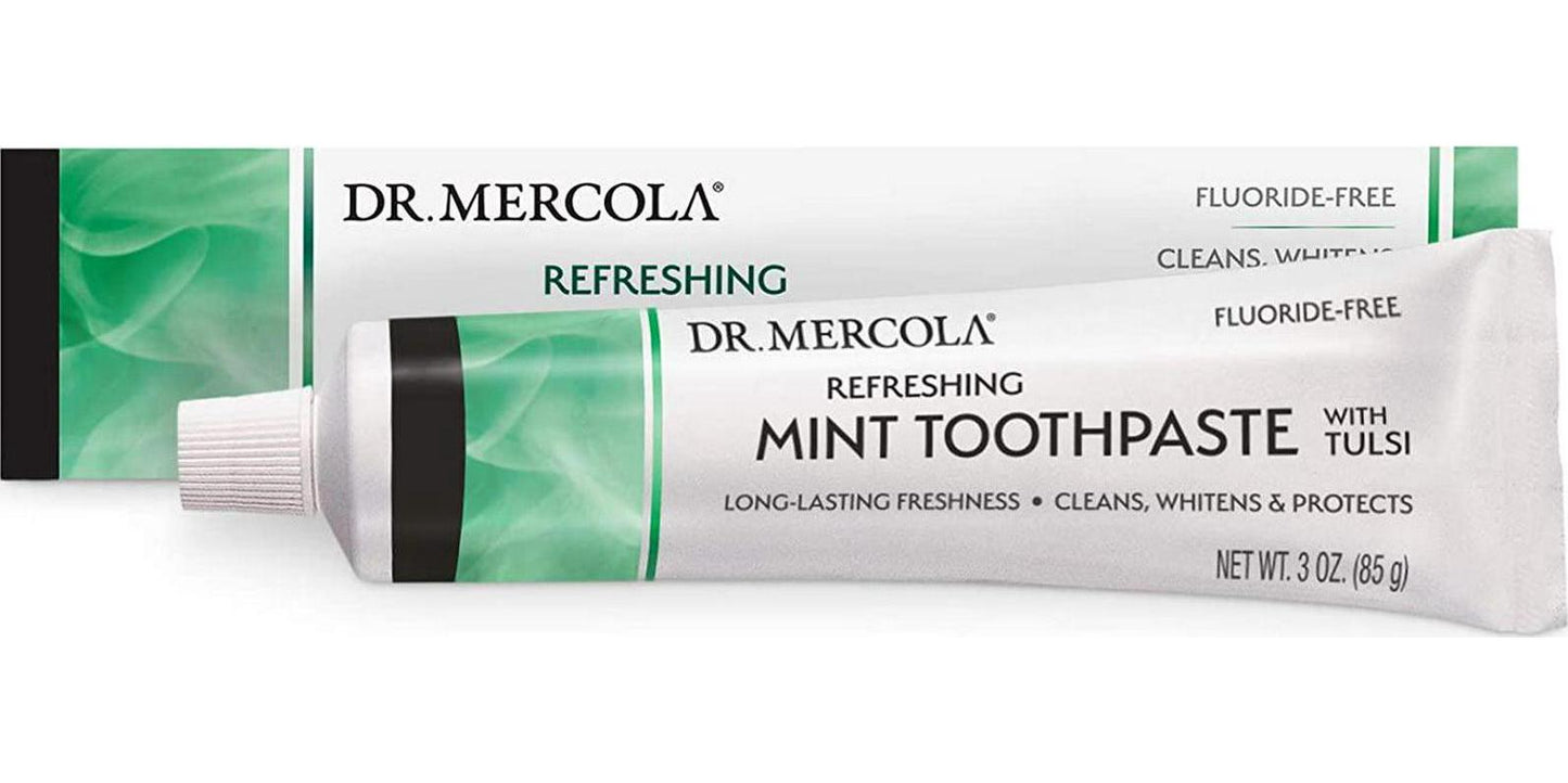 Dr. Mercola, Refreshing Mint Toothpaste with Tulsi, 3 oz (85 g), Fluoride-Free, SLS Free, Paraben Free, No Dyes, Vegetarian Friendly, No Harsh Chemicals, Non GMO, Soy Free, Gluten Free