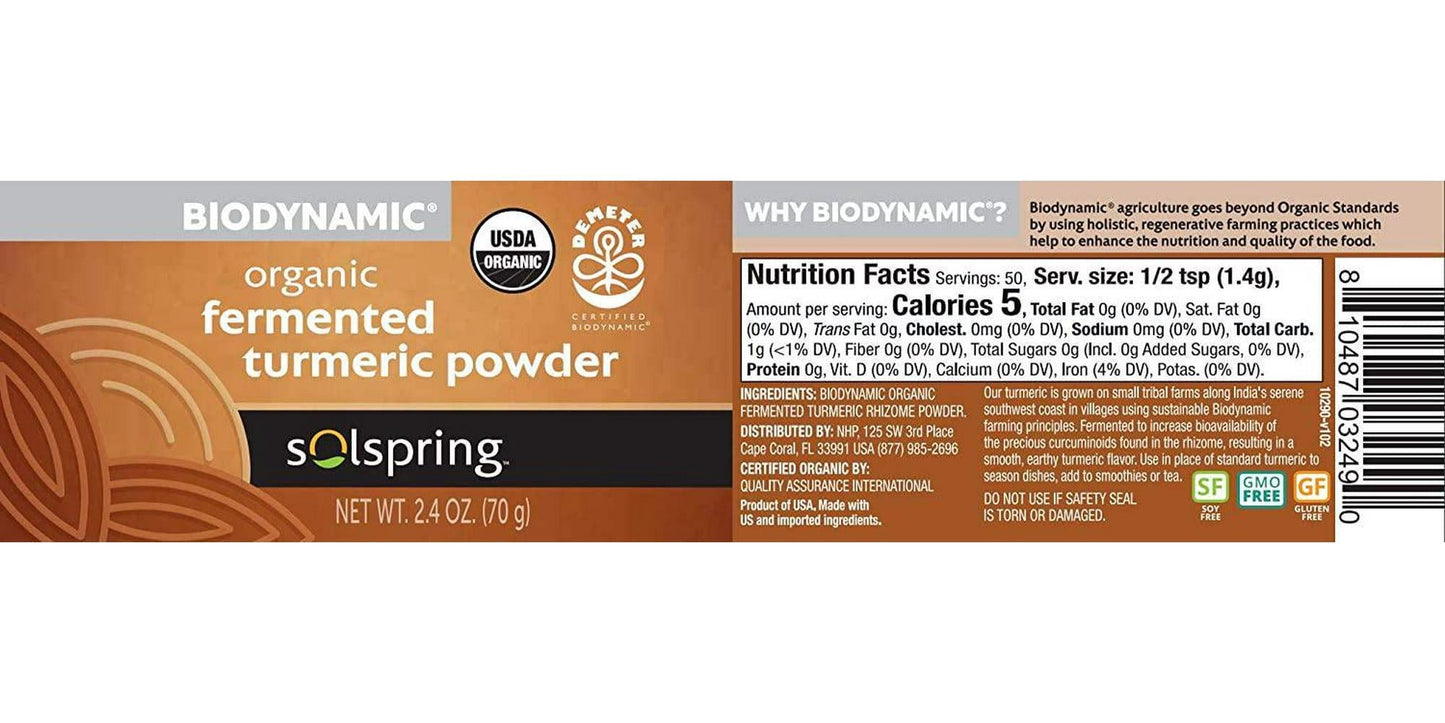Dr. Mercola Solspring Biodynamic Organic Fermented Turmeric Powder, 2.40 Oz. (50 Servings per Container), Non GMO, Gluten Free, USDA Organic, Demeter Certifie