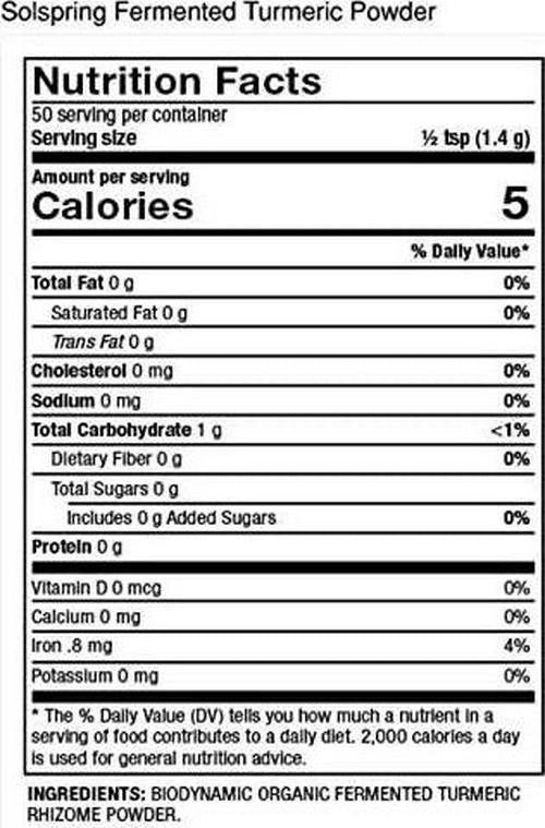 Dr. Mercola Solspring Biodynamic Organic Fermented Turmeric Powder, 2.40 Oz. (50 Servings per Container), Non GMO, Gluten Free, USDA Organic, Demeter Certifie