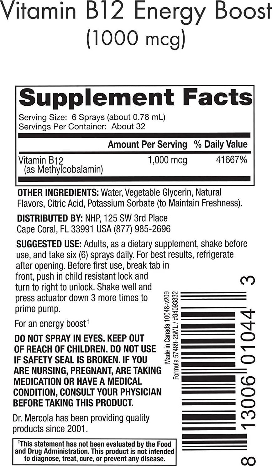 Dr. Mercola Vitamin B12 Energy Booster, 0.85 Ounce