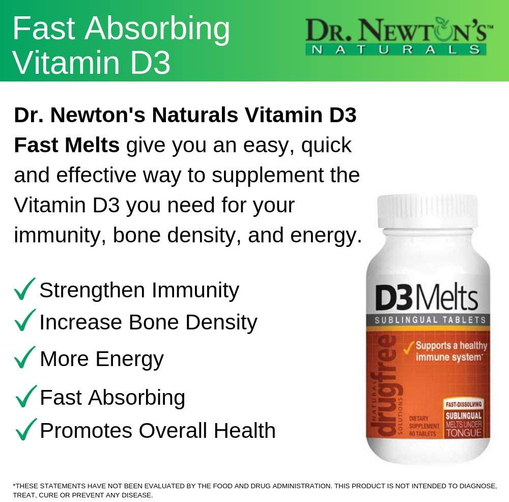 Dr Newtons Naturals Vitamin D3 Fast Melts Supplement for Immunity, Bone Density, and Energy - 60 Fast Dissolving Sublingual Gluten Free Tablets