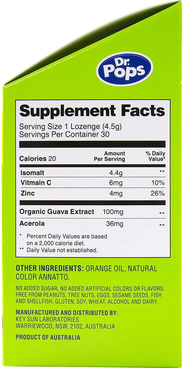 Dr. Pops Lollipops All Natural Allergy Free Dietary Supplement for Kids with Zinc + Vitamin C, Tropical Fruit Flavor, 30 Count Box