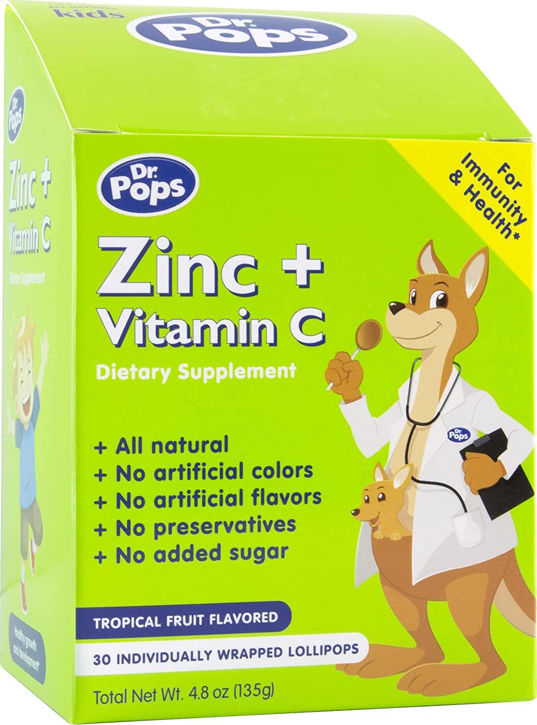 Dr. Pops Lollipops All Natural Allergy Free Dietary Supplement for Kids with Zinc + Vitamin C, Tropical Fruit Flavor, 30 Count Box