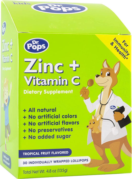 Dr. Pops Lollipops All Natural Allergy Free Dietary Supplement for Kids with Zinc + Vitamin C, Tropical Fruit Flavor, 30 Count Box