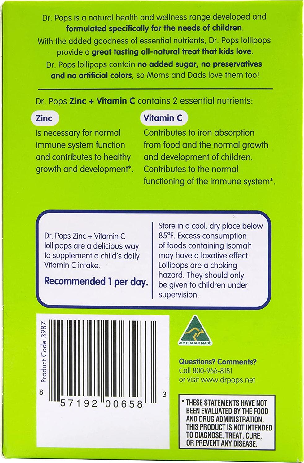 Dr. Pops Lollipops All Natural Allergy Free Dietary Supplement for Kids with Zinc + Vitamin C, Tropical Fruit Flavor, 30 Count Box