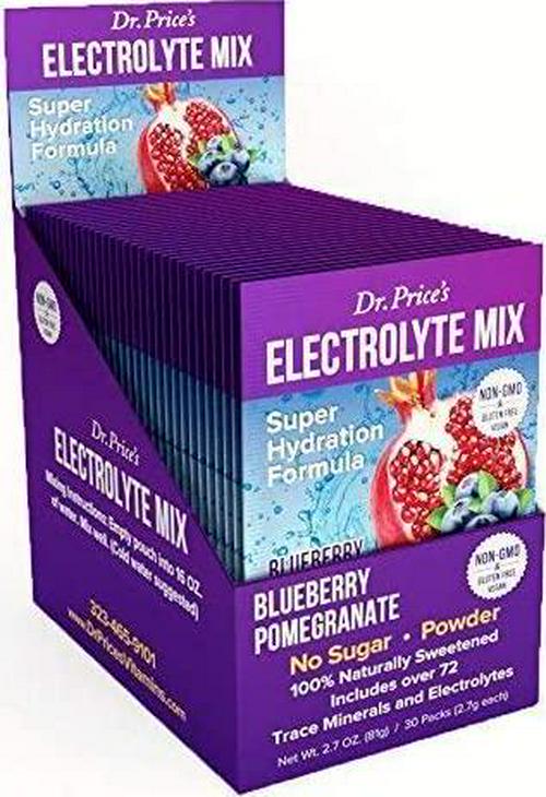 Dr. Price's Vitamins Electrolyte Mix Supplement Powder, 72 Trace Minerals, Potassium, Sodium, Electrolyte Replacement Keto Drink | Blueberry-Pomegranate 30 Packets | No Sugar, Keto, Vegan, Non-GMO