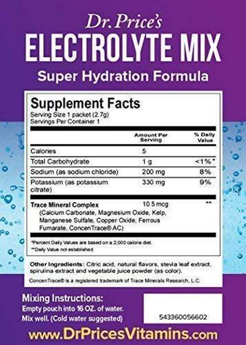 Dr. Price's Vitamins Electrolyte Mix Supplement Powder, 72 Trace Minerals, Potassium, Sodium, Electrolyte Replacement Keto Drink | Blueberry-Pomegranate 30 Packets | No Sugar, Keto, Vegan, Non-GMO