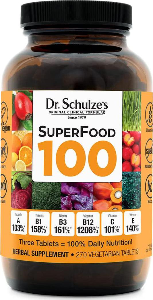 Dr. Schulze s | SuperFood 100 | Vitamin and Mineral Herbal Concentrate | Dietary Supplement | Daily Nutrition and Increased Energy | Gluten-Free and Non-GMO | Vegan and Organic | 270 Tabs | Packaging May Vary