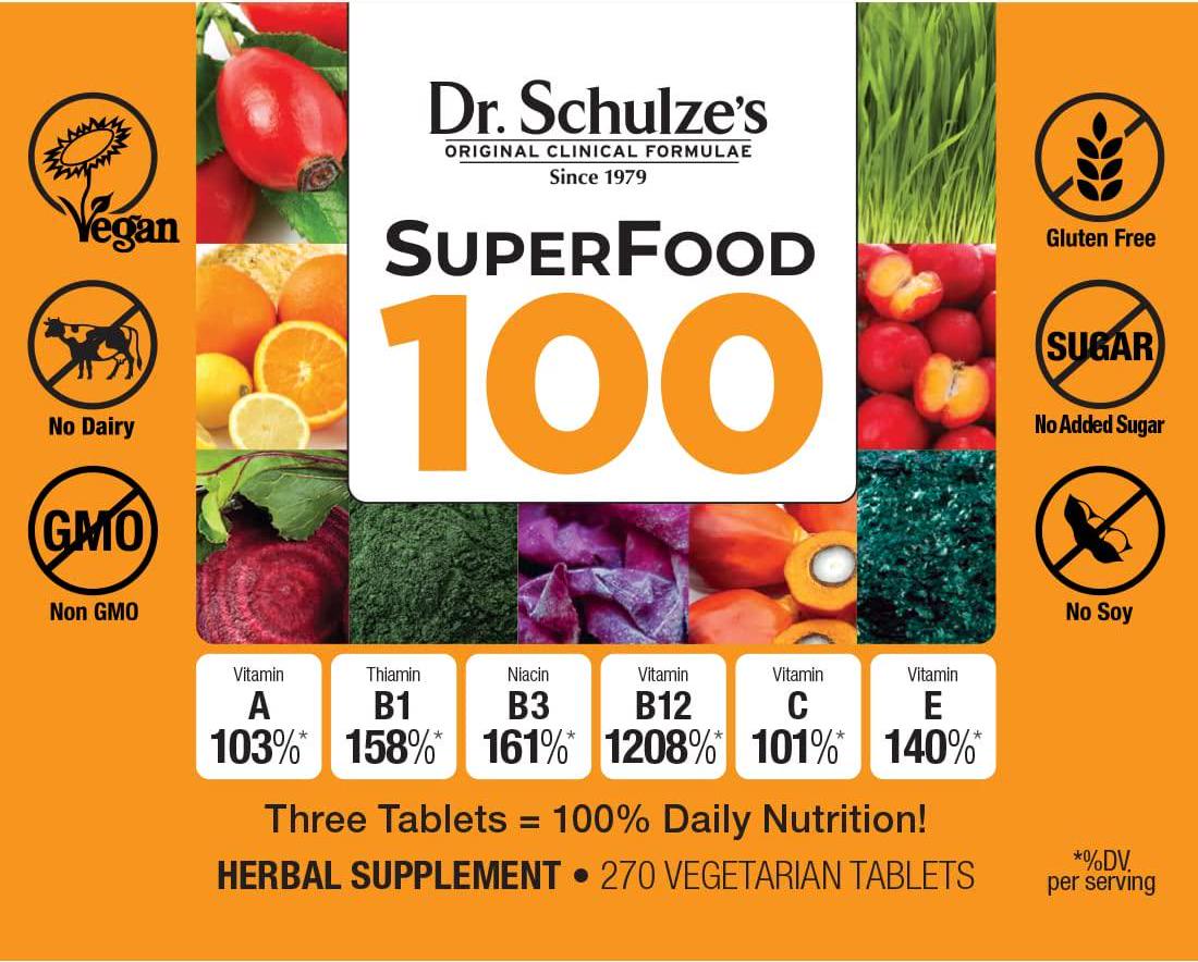 Dr. Schulze s | SuperFood 100 | Vitamin and Mineral Herbal Concentrate | Dietary Supplement | Daily Nutrition and Increased Energy | Gluten-Free and Non-GMO | Vegan and Organic | 270 Tabs | Packaging May Vary