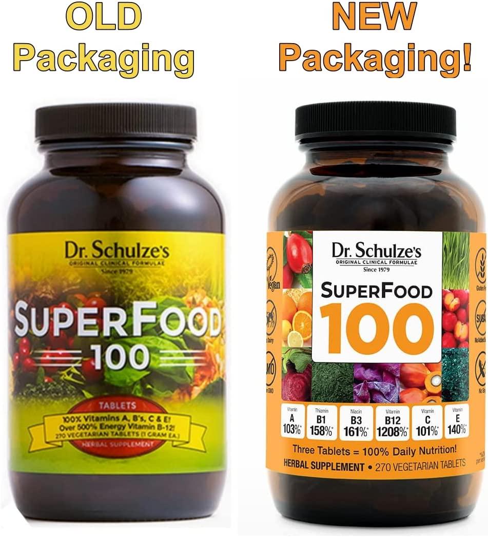 Dr. Schulze s | SuperFood 100 | Vitamin and Mineral Herbal Concentrate | Dietary Supplement | Daily Nutrition and Increased Energy | Gluten-Free and Non-GMO | Vegan and Organic | 270 Tabs | Packaging May Vary