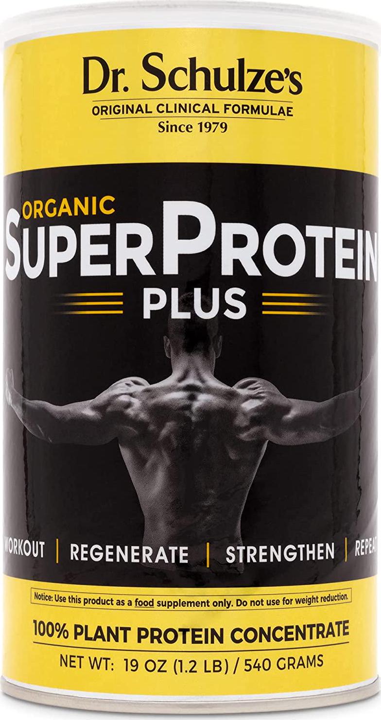 Dr. Schulze s | SuperProtein Plus | 100% Plant Protein Concentrate | Organic Powder Mix | Vitamin B-12 and Spirulina | Dietary Supplement | Build Strong Muscle | Enhance Workout Recovery | 19 Oz.