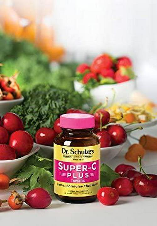 Dr. Schulze's | Super-C Plus | Vitamin C Complex | Clinical Herbal Formula | Dietary Supplement | Immunity Support | Increase Collagen Formation and Iron Absorption | 60 Chewable Tablets (1000 mg)