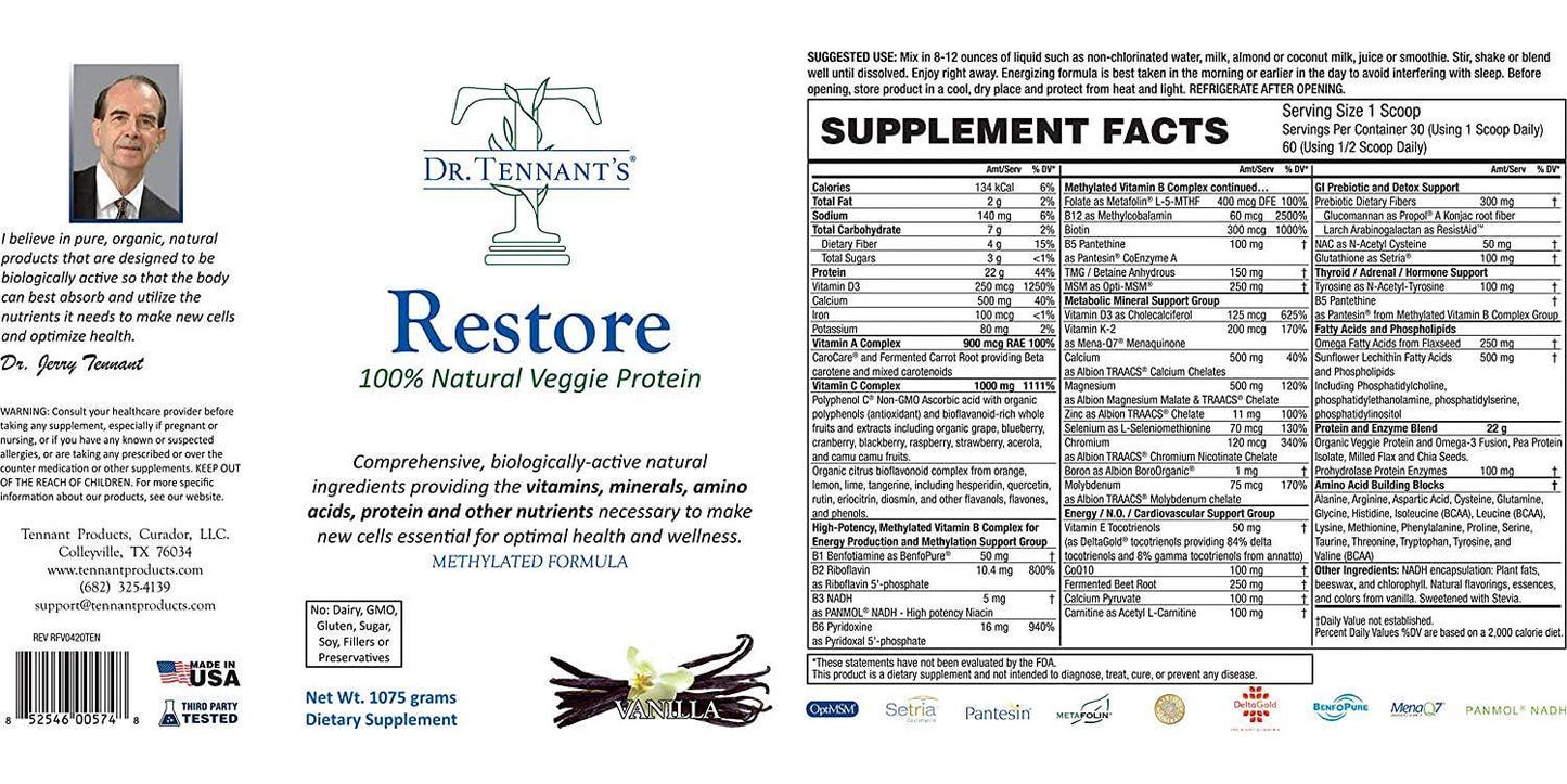 Dr. Tennants Restore Vanilla Veggie Protein | Premium Plant-Based Protein - 100% Natural Veggie Protein and Omega 3 Fusion, Including Pea Protein Isolate - Low Carb, Keto, Dairy Free - 30 Day Supply