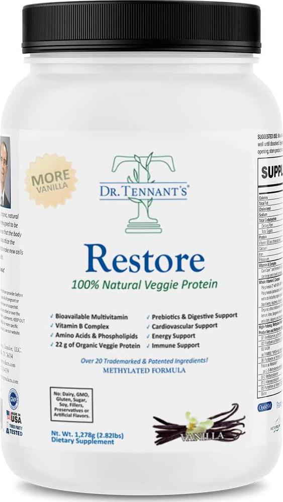 Dr. Tennants Restore Vanilla Veggie Protein | Premium Plant-Based Protein - 100% Natural Veggie Protein and Omega 3 Fusion, Including Pea Protein Isolate - Low Carb, Keto, Dairy Free - 30 Day Supply