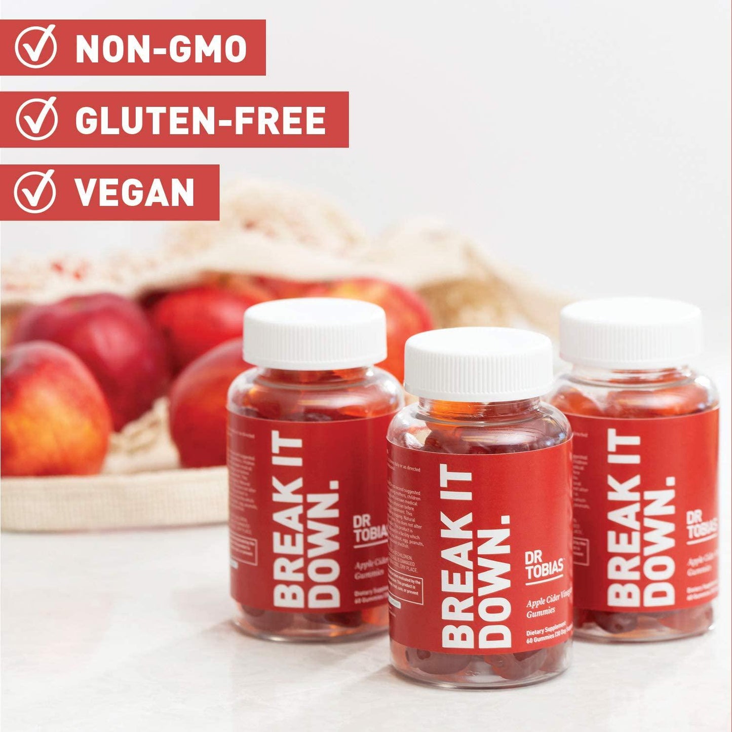 Dr. Tobias Apple Cider Vinegar Gummies, Supports Gut Health, Cleanse and Detox, Includes 500mg Apple Cider Vinegar with Mother, Folate and B12. Vegan and Gluten-Free, 2 Packs of 60 Gummies Each (1 Daily)