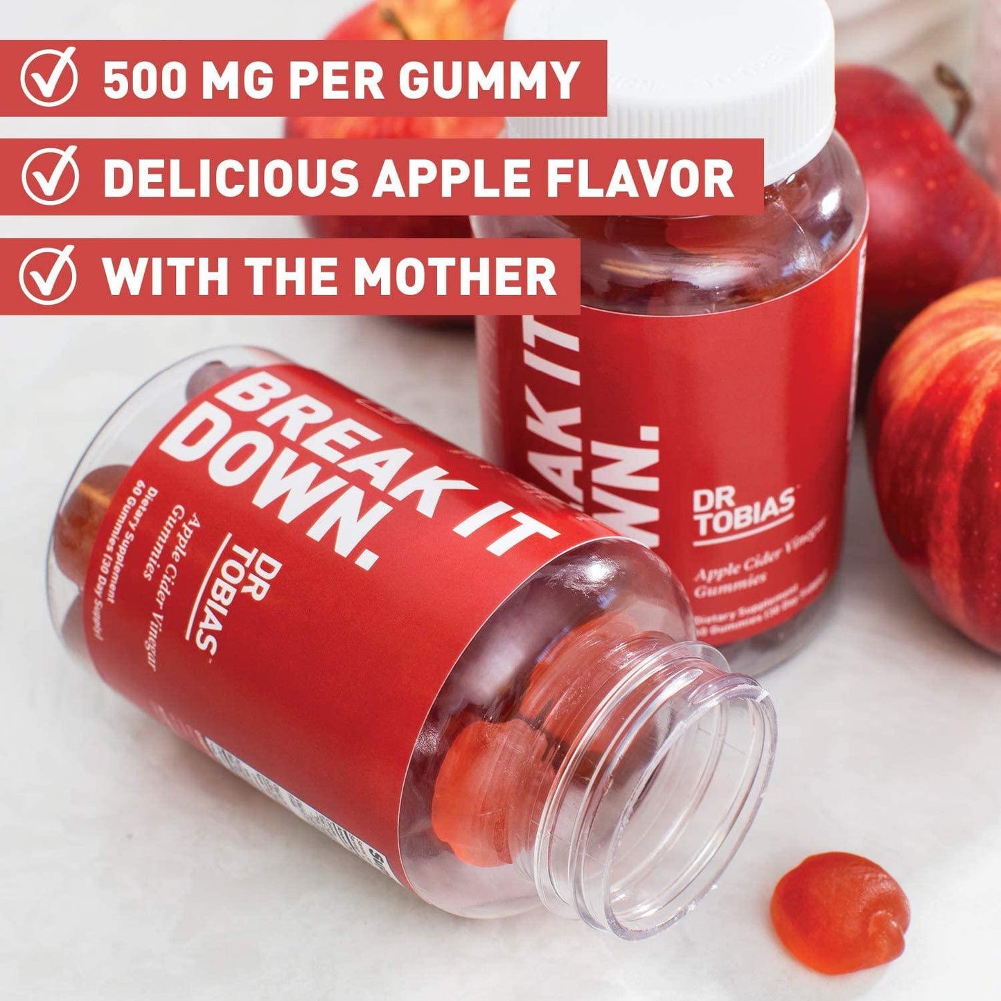 Dr. Tobias Apple Cider Vinegar Gummies, Supports Gut Health, Cleanse and Detox, Includes 500mg Apple Cider Vinegar with Mother, Folate and B12. Vegan and Gluten-Free, 2 Packs of 60 Gummies Each (1 Daily)