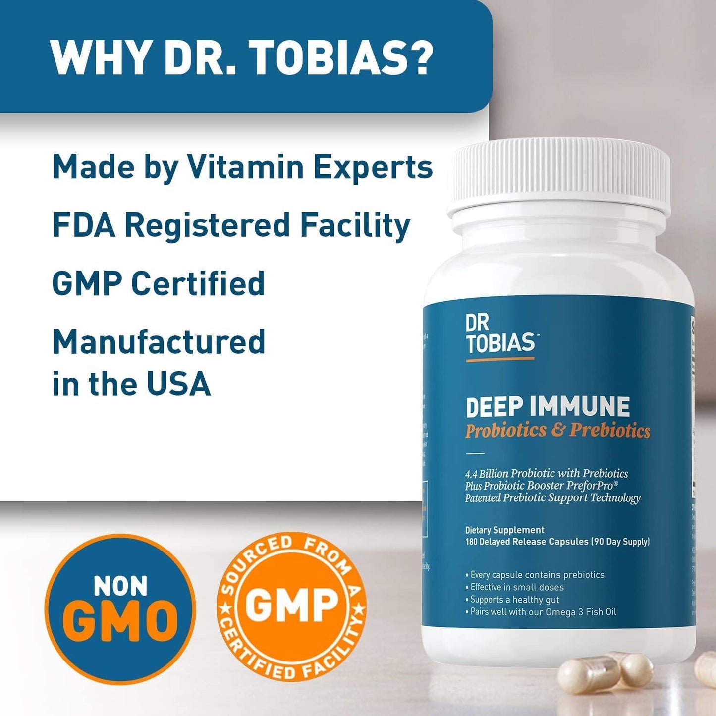 Dr. Tobias Deep Immune Probiotics and Prebiotics, 4.4 Billion CFU, Supports Healthy Gut, 180 Capsules, (2 Daily, 90 Day Supply)