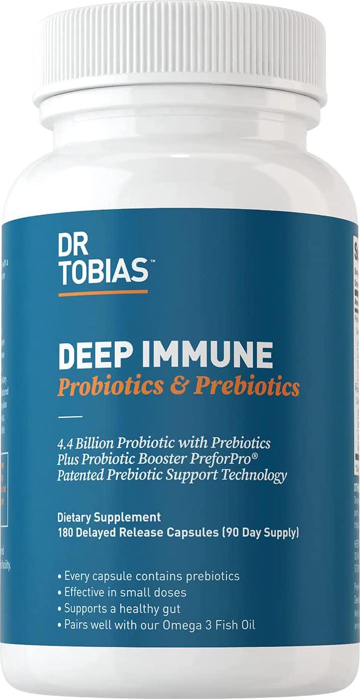 Dr. Tobias Deep Immune Probiotics and Prebiotics, 4.4 Billion CFU, Supports Healthy Gut, 180 Capsules, (2 Daily, 90 Day Supply)