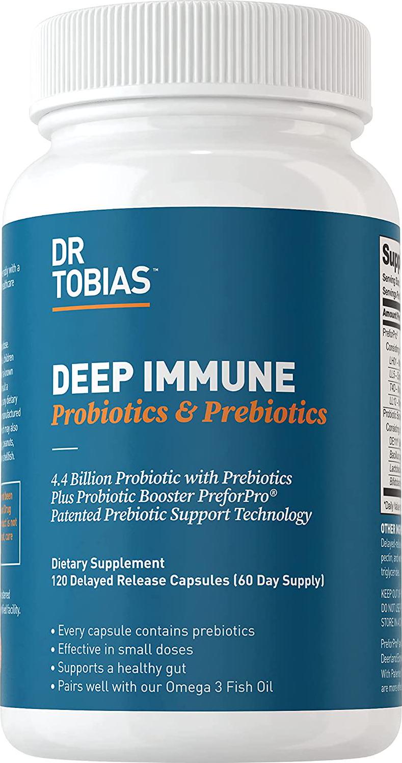 Dr. Tobias Deep Immune Probiotics and Prebiotics, 4.4 Billion CFU, Supports Healthy Gut, 120 Capsules, (2 Daily, 60 Day Supply)