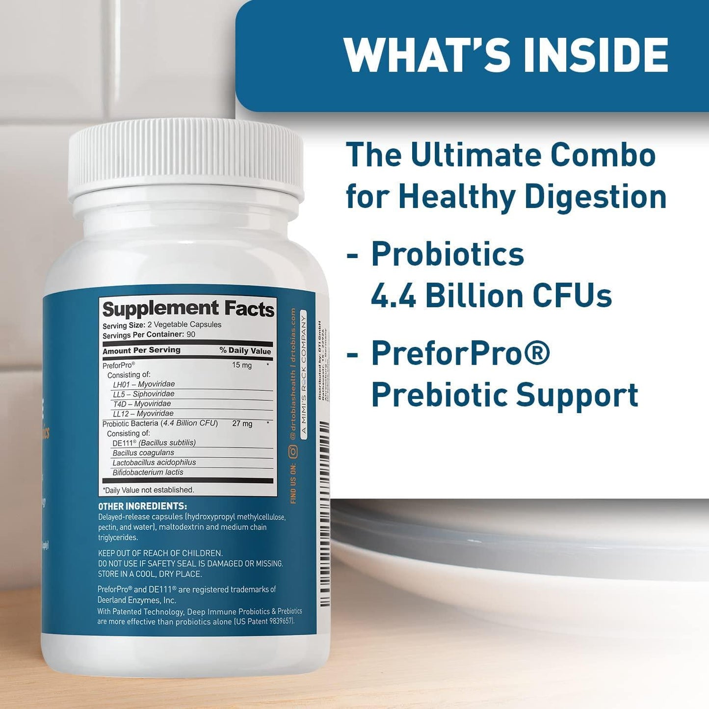 Dr. Tobias Deep Immune Probiotics and Prebiotics, 4.4 Billion CFU, Supports Healthy Gut, 180 Capsules, (2 Daily, 90 Day Supply)