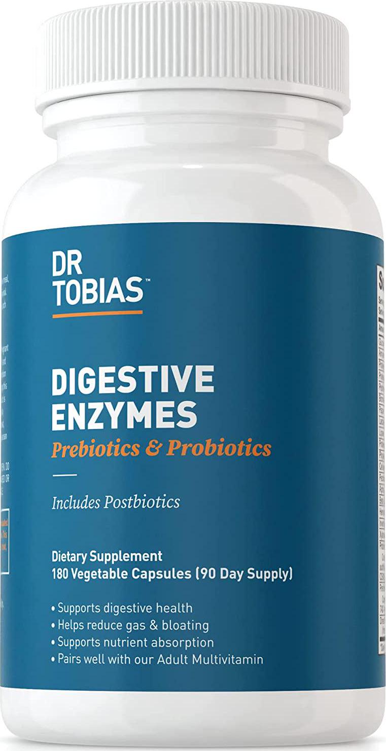 Dr. Tobias Digestive Enzymes with Prebiotics and Probiotics Plus Postbiotics Bromelain, Amylase, Lipase, For Better Digestion and Immune Function, Plant-based Formula, 180 Capsules 60 Servings (2 Daily)