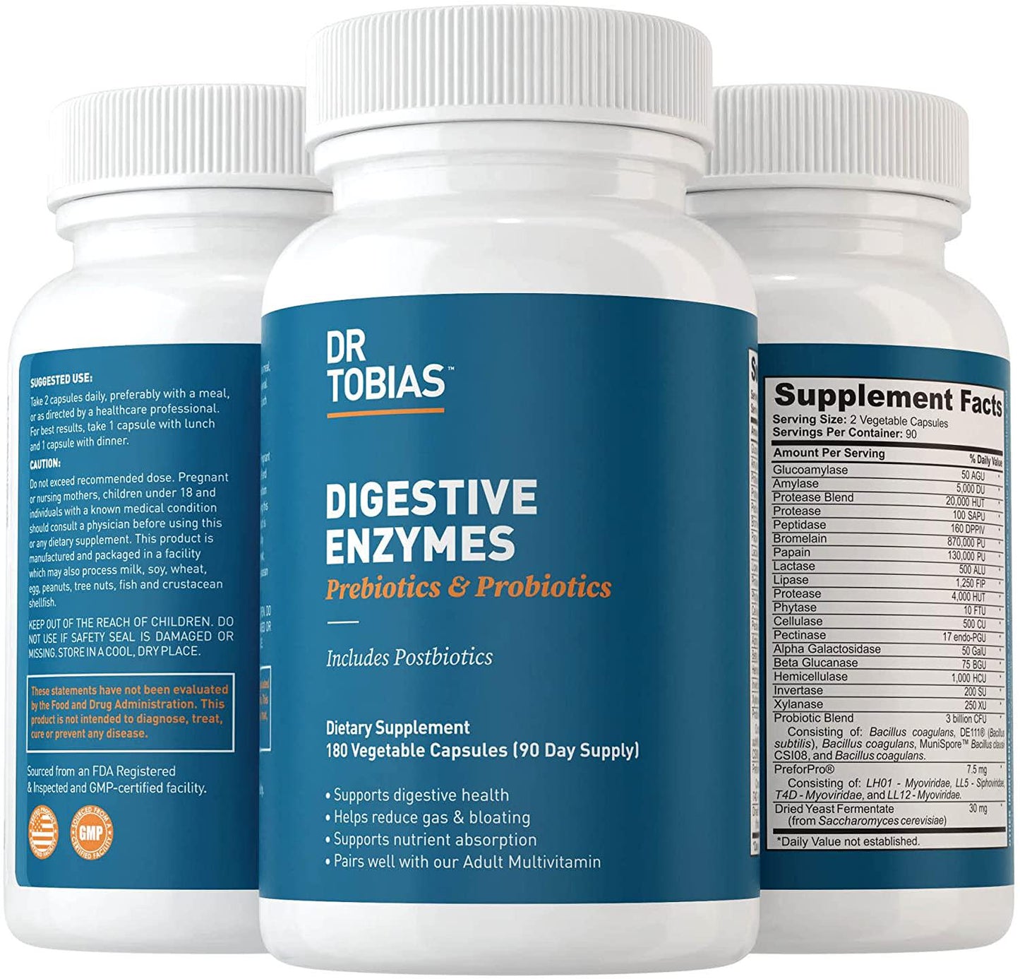 Dr. Tobias Digestive Enzymes with Prebiotics and Probiotics Plus Postbiotics Bromelain, Amylase, Lipase, For Better Digestion and Immune Function, Plant-based Formula, 180 Capsules 60 Servings (2 Daily)
