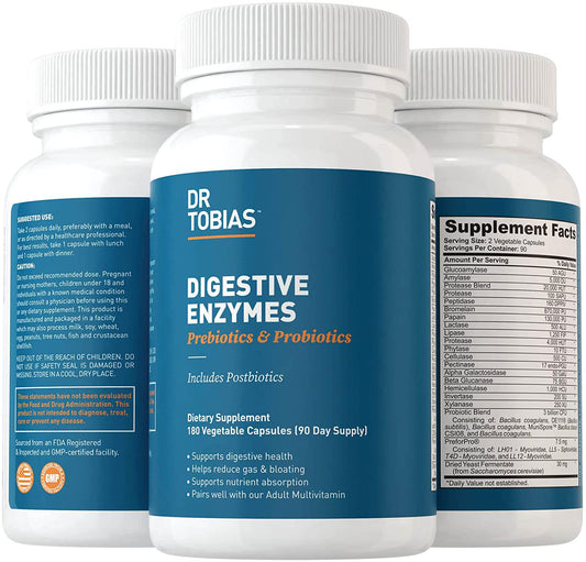 Dr. Tobias Digestive Enzymes with Prebiotics and Probiotics Plus Postbiotics Bromelain, Amylase, Lipase, For Better Digestion and Immune Function, Plant-based Formula, 180 Capsules 60 Servings (2 Daily)