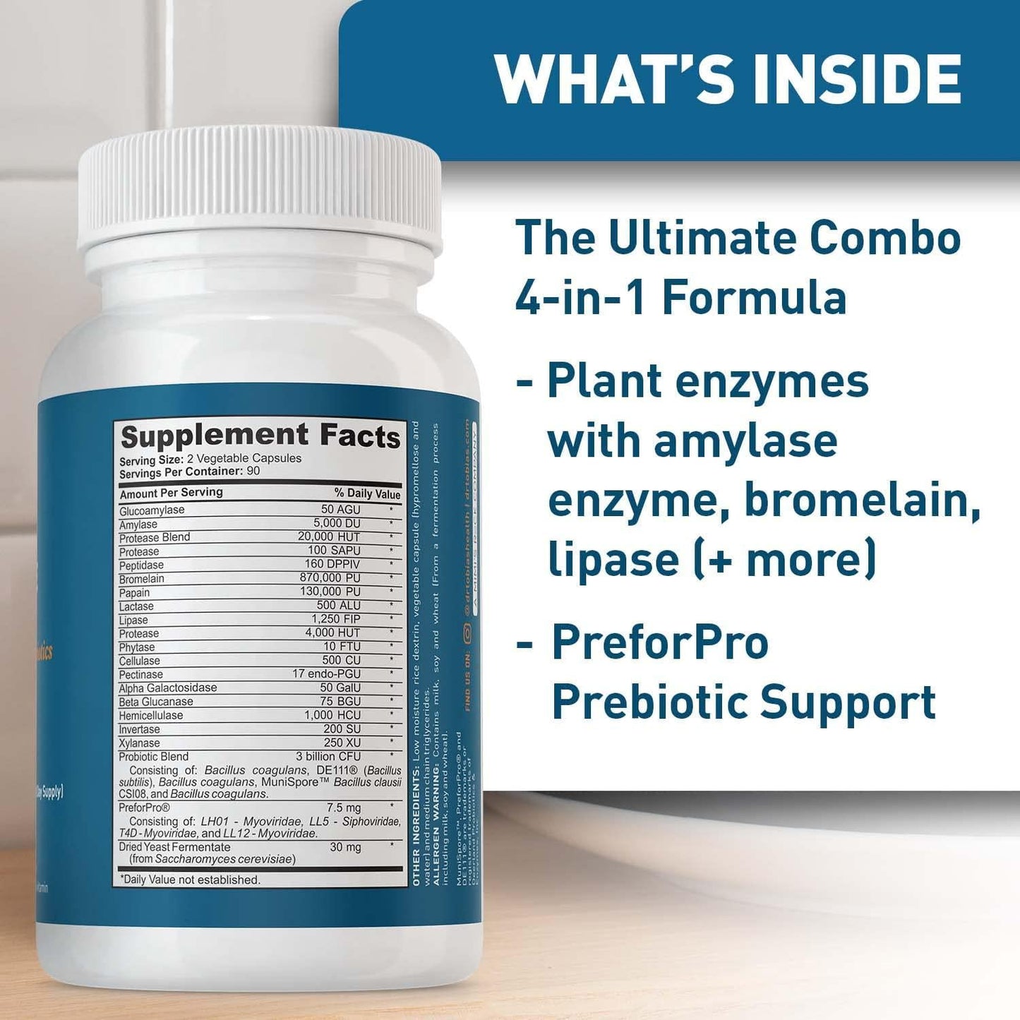 Dr. Tobias Digestive Enzymes with Prebiotics and Probiotics Plus Postbiotics Bromelain, Amylase, Lipase, For Better Digestion and Immune Function, Plant-based Formula, 180 Capsules 60 Servings (2 Daily)