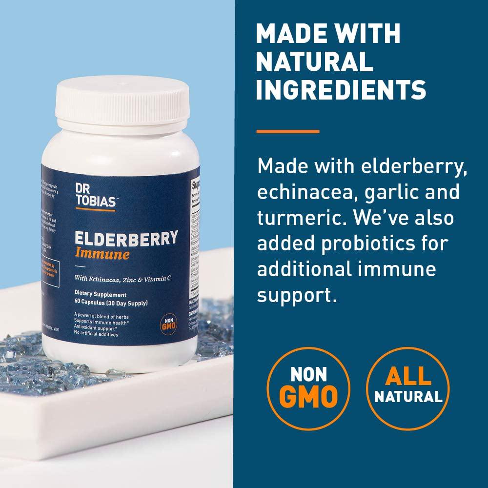 Dr Tobias - Elderberry Immune - with Echinacea, Zinc and Vitamin C - 4.8 Billion CFU Probiotics - 30 Day Supply