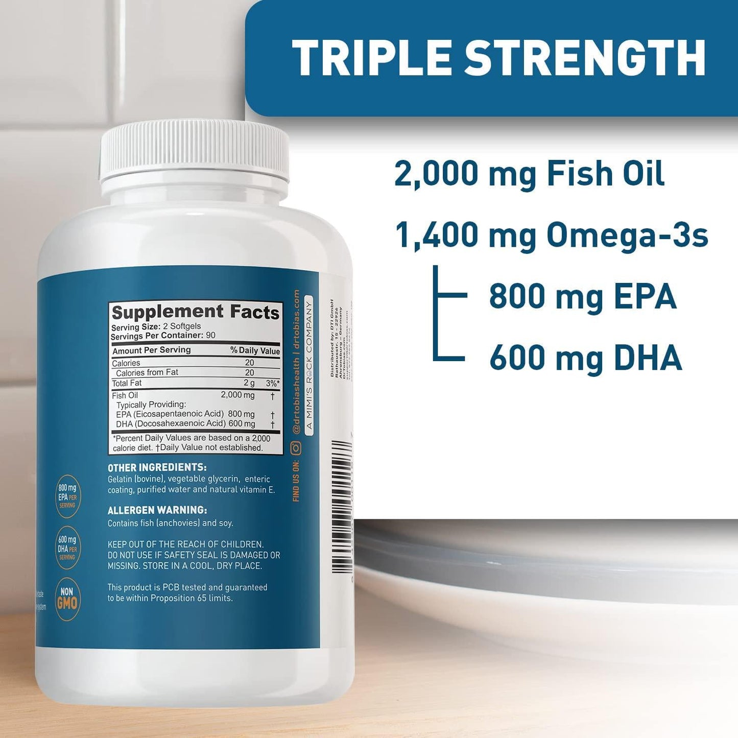 Dr. Tobias Omega 3 Fish Oil, Triple Strength, Supports Brain and Heart Health, 2000 mg per Serving, 90 Soft Gels (2 Daily, 45 Day Supply)